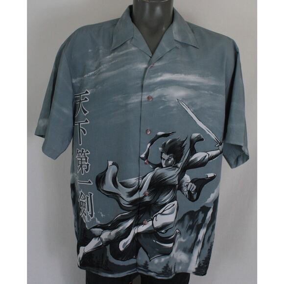 Vintage Y2K Anime Samurai Japanese Button Up Shirt Mens XL mall 2000's - Picture 1 of 5